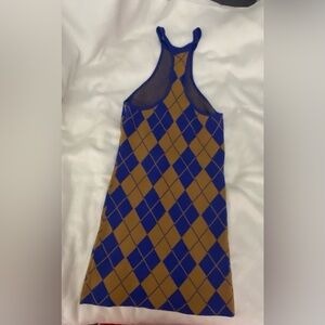 Urban Outfitters Argyle Knit Sweater Dress Small Blue Tan Sleeveless Mini NWT